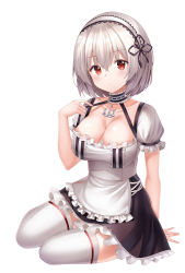 Rule 34 | 1girl, apron, arm support, azur lane, blush, breasts, buttons, choker, cleavage, closed mouth, collarbone, commentary request, crossed bangs, double-breasted, dress, frilled choker, frills, grey hair, hair ornament, hand up, highres, large breasts, looking at viewer, pluto (97dwnstjq), puffy sleeves, red eyes, short hair, short sleeves, simple background, sirius (azur lane), sitting, solo, strap pull, thighhighs, white background, white thighhighs, yokozuwari, zettai ryouiki
