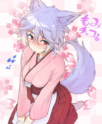 Rule 34 | 1girl, alternate costume, animal ears, blush, commentary request, flying sweatdrops, inubashiri momiji, japanese clothes, kimono, long sleeves, looking at viewer, looking to the side, obi, pocky, red eyes, sash, seiza, sitting, solo, tail, taketora suzume, touhou, v arms, valentine, wide sleeves, wolf ears, wolf tail