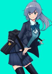 Rule 34 | 1girl, aqua background, backpack, bag, black jacket, black skirt, black thighhighs, blue bow, blue bowtie, blue sweater, bow, bowtie, closed mouth, collared shirt, grey hair, gurajio, hair ornament, highres, jacket, long sleeves, mononobe no futo, new mask of hope, pleated skirt, ponytail, school uniform, shirt, simple background, skirt, smile, solo, striped bow, striped bowtie, striped clothes, sweater, thighhighs, touhou, v-shaped eyebrows, white shirt, x hair ornament