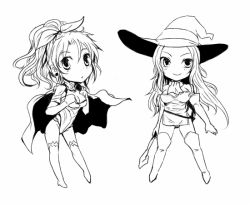Rule 34 | 2girls, breasts, cape, character request, chibi, cleavage, commentary request, detached sleeves, earrings, elbow gloves, final fantasy, final fantasy vi, gloves, greyscale, hair ribbon, jewelry, kara (color), long hair, looking at viewer, medium breasts, monochrome, multiple girls, ponytail, ribbon, smile, standing, thighhighs, tina branford