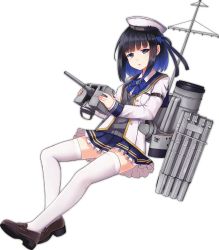 Rule 34 | 1girl, acasta (azur lane), allenes, azur lane, belt, black hair, blue eyes, blue skirt, bow, brown footwear, buttons, clothes writing, eyebrows, frilled skirt, frills, full body, grey vest, hat, jacket, loafers, long sleeves, machinery, miniskirt, official art, one side up, open clothes, open jacket, pleated skirt, shoes, short hair, skirt, solo, thighhighs, transparent background, vest, white hat, white jacket, white thighhighs, zettai ryouiki