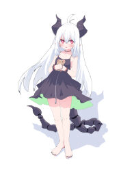 Rule 34 | 1girl, :o, ahoge, bare shoulders, barefoot, black dress, black nails, collarbone, commentary request, dress, full-length zipper, hair between eyes, highres, holding, holding stuffed toy, horns, looking at viewer, nail polish, noa (nagareboshi), original, parted lips, pointy ears, red eyes, shadow, short eyebrows, sleeveless, sleeveless dress, solo, standing, stuffed animal, stuffed toy, sundress, tail, teddy bear, thick eyebrows, toenail polish, toenails, white background, white hair, zipper
