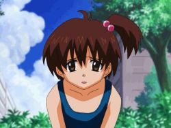 Rule 34 | 00s, 2boys, 2girls, angry, animated, animated gif, bikini, blue eyes, breast rest, breasts, breasts on head, brown eyes, brown hair, bush, collarbone, eiken, closed eyes, flat chest, forest, gigantic breasts, hair bobbles, hair ornament, happy, huge breasts, long hair, mifune densuke, misono kirika, multiple boys, multiple girls, nature, one-piece swimsuit, purple eyes, purple hair, red hair, shinonome chiharu, swimsuit, tree