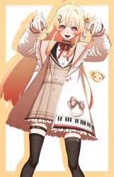 Rule 34 | 1girl, absurdres, ahoge, bird, black thighhighs, blonde hair, blush, border, bow, brown bow, brown dress, brown sailor collar, chicken, collared dress, collared jacket, commentary, double-parted bangs, dress, dual wielding, dyepoal, feet out of frame, fork, fortissimo, frilled dress, frilled sailor collar, frills, gradient hair, hair between eyes, hair ornament, hair ribbon, hands up, highres, holding, holding fork, hololive, hololive dev is, jacket, long hair, long sleeves, looking at viewer, multicolored hair, musical note, musical note hair ornament, neck ribbon, one side up, open mouth, otonose kanade, piano keys, piano print, plaid, plaid bow, plaid dress, red eyes, red hair, red ribbon, regloss (hololive), ribbon, sailor collar, shirt, simple background, standing, teeth, thigh strap, thighhighs, thighs, triangle mouth, two-tone background, two-tone hair, upper teeth only, v-shaped eyebrows, virtual youtuber, white background, white jacket, white shirt, yellow border, zettai ryouiki