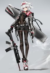 Rule 34 | 1girl, assault rifle, black gloves, black skirt, bodysuit, breasts, case, closed mouth, covered navel, full body, gloves, grey background, gun, hairband, head tilt, highres, holding, holding gun, holding weapon, jacket, long sleeves, looking at viewer, open clothes, open jacket, original, red eyes, rifle, shoes, short hair, simple background, skirt, small breasts, smoke, solo, standing, swav, weapon, white hair