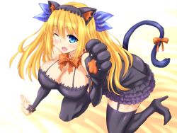 Rule 34 | 1girl, ;d, aizawa hikaru, animal ears, animal hands, bare shoulders, bent over, blonde hair, blue hair, breasts, cat ears, cat girl, cat tail, cleavage, detached sleeves, fang, female focus, garter straps, hair ornament, high heels, huge breasts, ishioto, kneeling, large breasts, long hair, microsoft, one eye closed, open mouth, shoes, short twintails, silverlight, skirt, smile, solo, suspenders, tail, thighhighs, twintails, two side up, wink