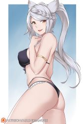 Rule 34 | 1girl, :d, animal ears, armlet, aslindsamure, ass, bare shoulders, bikini, black bikini, braid, braided bangs, breasts, cat ears, cowboy shot, erune, fraux, french braid, front-tie bikini top, front-tie top, granblue fantasy, grey hair, groin, hand up, highres, long hair, looking at viewer, medium breasts, multi-strapped bikini, open mouth, patreon logo, patreon username, skindentation, smile, solo, standing, swept bangs, swimsuit, thighs, twintails, yellow eyes