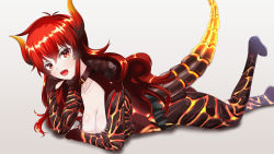 Rule 34 | 1girl, breasts, cleavage, collar, collarbone, dola (nijisanji), dragon girl, dragon tail, hand on own cheek, hand on own face, highres, horns, large breasts, long hair, looking at viewer, lying, nijisanji, on stomach, open mouth, red eyes, red hair, tail, virtual youtuber, yamaboshi ryuu