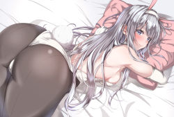 1girl animal_ears ass bare_shoulders batta-1225 bed black_pantyhose blush breasts elbow_gloves fake_animal_ears gloves highres leotard long_hair looking_at_viewer lying medium_breasts on_stomach original pantyhose pillow playboy_bunny purple_eyes rabbit_ears rabbit_girl rabbit_tail sideboob silver_hair solo tail tearing_up wedgie white_gloves