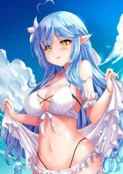 Rule 34 | 1girl, absurdres, ahoge, bare shoulders, bikini, blue flower, blue hair, blue sky, blush, breasts, cleavage, cloud, commentary request, day, flower, frilled bikini, frills, hair flower, hair ornament, half updo, heart, heart ahoge, highres, hololive, looking at viewer, medium breasts, miyuki rei, multicolored hair, navel, outdoors, parted lips, pointy ears, sky, smile, solo, streaked hair, swimsuit, virtual youtuber, water, white bikini, white flower, yellow eyes, yukihana lamy