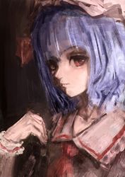 Rule 34 | 1girl, absurdres, ascot, expressionless, hand up, hat, highres, looking at viewer, medium hair, mob cap, nepperoni, painterly, purple hair, red eyes, remilia scarlet, solo, touhou, upper body, wrist cuffs