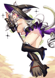Rule 34 | 1girl, absurdres, animal ear fluff, animal ears, ass, black footwear, black hat, boots, breasts, broom, cat ears, cat girl, cat tail, detached sleeves, ears through headwear, fang, grey hair, hat, high heel boots, high heels, highres, holding, holding broom, large breasts, looking at viewer, nipples, nithros, original, purple eyes, solo, tail, witch, witch hat