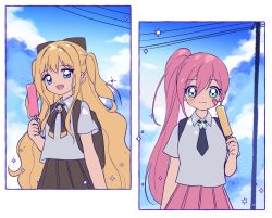 Rule 34 | 2girls, :d, backpack, bag, bandaid, bandaid on cheek, bandaid on face, black necktie, black skirt, blonde hair, blue sky, blush, breasts, closed mouth, cloud, cloudy sky, collared shirt, day, food, green eyes, hair between eyes, headgear, holding, holding food, long hair, mechuragi, multicolored hair, multiple girls, necktie, open mouth, outdoors, pink hair, pink skirt, pleated skirt, popsicle, power lines, seeu, shirt, short sleeves, side ponytail, skirt, sky, small breasts, smile, star (symbol), two-tone hair, uni (vocaloid), utility pole, very long hair, vocaloid, white shirt