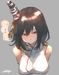 Rule 34 | 1girl, aiguillette, bad id, bad twitter id, black hair, blush, breasts, commentary request, grey background, hair ornament, highres, kantai collection, large breasts, nontraditional miko, red eyes, short hair, sleeveless, sunday aki, translation request, upper body, yamashiro (kancolle)