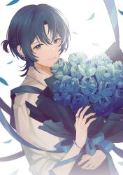 Rule 34 | 1girl, absurdres, alternate costume, black nails, blue eyes, blue flower, blue hair, blue rose, bouquet, flower, guiltyskullu, highres, hiodoshi ao, holding, holding bouquet, hololive, hololive dev is, jewelry, looking at viewer, mole, mole under mouth, nail polish, ring, rose, shirt, short hair, smile, solo, two side up, virtual youtuber, white shirt