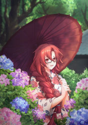 Rule 34 | 1girl, absurdres, alternate costume, alternate hairstyle, altheavin, black-framed eyewear, braid, commentary request, flower, forest, glasses, hair over one eye, highres, holding, holding umbrella, japanese clothes, kimono, labyrista, labyrista (princess connect!), labyrista (real) (princess connect!), long braid, long hair, looking at viewer, nature, oil-paper umbrella, princess connect!, print kimono, red eyes, red hair, semi-rimless eyewear, single braid, smile, solo, umbrella, under-rim eyewear, very long hair