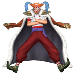 Rule 34 | 1boy, 3d, blue hair, buggy the clown, crossed arms, full body, hat, jacket, male focus, one piece, one piece: pirate warriors, pirate, shirt, simple background, socks, solo, striped clothes, striped shirt, striped socks