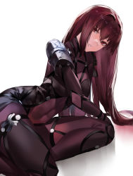 Rule 34 | 1girl, armor, blazpu, bodysuit, covered navel, fate/grand order, fate (series), leotard, long hair, looking at viewer, parted lips, pauldrons, purple bodysuit, purple hair, purple leotard, red eyes, scathach (fate), shoulder armor, simple background, solo, thighs, very long hair, white background