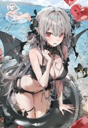 Rule 34 | 2girls, absurdres, bikini, black bikini, blush, bow, breasts, commentary, demon wings, detached collar, grey hair, hair bow, hair ornament, highres, innertube, large breasts, long hair, looking at viewer, multiple girls, navel, ocean, original, outdoors, partially submerged, pointy ears, red eyes, sunglasses, swim ring, swimsuit, symbol-only commentary, twintails, white hair, wings, ye jji