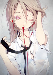 Rule 34 | 1girl, bra, breasts, brown hair, colored eyelashes, dress shirt, earphones, tucking hair, hand in own hair, headphones, highres, long hair, mouth hold, necktie, nilitsu, one eye closed, original, pink eyes, see-through, shirt, small breasts, solo, underwear, wet, wet clothes, wet shirt