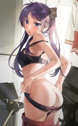 Rule 34 | 1girl, ass, black bra, black panties, black ribbon, blush, bra, breasts, charger, charging device, clothes pull, commentary, dressing, hair ribbon, highres, hiiragi kagami, lingerie, long hair, looking at viewer, looking back, lucky star, panties, purple eyes, ribbon, ryouou school uniform, school uniform, serafuku, skirt, skirt pull, small breasts, solo, tablet pc, tipii, twintails, underwear, undressing