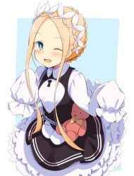 Rule 34 | :d, abigail williams (fate), alternate costume, alternate hair ornament, black dress, blonde hair, blue background, blue eyes, blush, bow, braid, chata maru (irori sabou), commentary request, dress, fate/grand order, fate (series), frills, headdress, highres, keyhole, looking at viewer, official alternate costume, one eye closed, open mouth, orange bow, short hair with long locks, sidelocks, simple background, sleeves past wrists, smile, stuffed animal, stuffed toy, teddy bear, white background, white dress