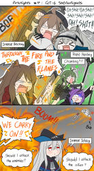 Rule 34 | &gt; &lt;, 3koma, 6+girls, ahoge, anger vein, animal ear fluff, animal ears, antenna hair, arknights, beamed eighth notes, beret, black headwear, black jacket, blush, brown hair, chainsaw, closed eyes, closed mouth, collared shirt, comic, commentary, cuora (arknights), dragonforce, eighth note, english commentary, english text, explosion, gavial (arknights), grani (arknights), green hair, green jacket, grey hair, grey shirt, guin guin, guitar, hair between eyes, hat, hibiscus (arknights), highres, holding, holding instrument, holding staff, horns, instrument, jacket, long hair, multiple girls, music, musical note, open mouth, pointy ears, profanity, purple hair, red eyes, red jacket, saliva, shirt, sidelocks, singing, skadi (arknights), skyfire (arknights), staff, sweat, turn pale, v-shaped eyebrows, very long hair