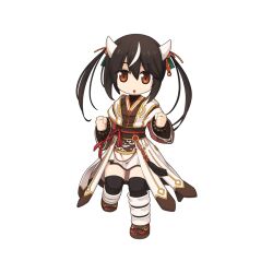 Rule 34 | 1girl, :o, arm wrap, bead bracelet, beads, black hair, black thighhighs, bracelet, breasts, brown eyes, brown footwear, brown shirt, chibi, clenched hands, coat, expressionless, foot up, full body, horns, jewelry, long hair, long sleeves, looking at viewer, multicolored hair, official art, open clothes, open coat, open mouth, ragnarok online, shin guards, shirt, simple background, skirt, sky emperor (ragnarok online), small breasts, solo, standing, streaked hair, tachi-e, tassel, thighhighs, transparent background, twintails, white coat, white hair, white horns, white skirt, yuichirou