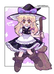 Rule 34 | 1girl, apron, black hat, black skirt, black vest, blonde hair, blush, boots, bow, braid, broom, brown footwear, frilled skirt, frills, full body, harunori (hrnrx), hat, hat bow, highres, holding, holding broom, kirisame marisa, knee boots, long hair, looking at viewer, open mouth, purple bow, shirt, short sleeves, single braid, skirt, smile, solo, touhou, twitter username, vest, waist apron, white apron, white shirt, witch hat, yellow eyes