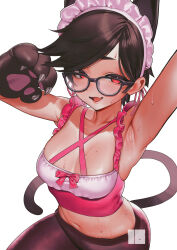 Rule 34 | 1girl, absurdres, animal ears, animal hands, apron, arm up, armpits, asymmetrical bangs, bare shoulders, black hair, blush, breasts, cat ears, cat tail, claws, commission, copyright request, crop top, fang, glasses, gloves, highres, looking at viewer, maid headdress, midriff, nanja, navel, nervous smile, open mouth, outstretched arm, paw gloves, pink apron, pixiv commission, red eyes, short hair, simple background, skin fang, small breasts, smile, solo, sweat, tail, thick eyebrows, upper body, very sweaty, white background