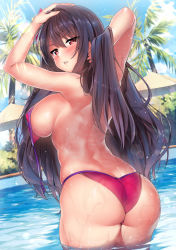 Rule 34 | 1girl, ass, bare back, bikini, blue sky, blush, breasts, butt crack, chair, cloud, day, dutch angle, fate/grand order, fate (series), flower, from behind, grabbing another&#039;s hair, hair between eyes, hair flower, hair ornament, hibiscus, highres, kawai (purplrpouni), large breasts, long hair, looking at viewer, looking back, parted lips, pool, purple bikini, purple hair, red eyes, scathach (fate), scathach (fate/grand order), scathach (swimsuit assassin) (fate), sideboob, sky, solo, standing, swimsuit, table, untied bikini, water, wet