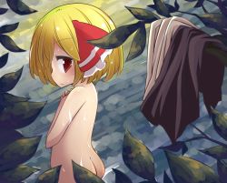 1girl blonde_hair butt_crack clothes covering_breasts covering_privates female_focus hair_ribbon jagabutter leaf nude red_eyes ribbon rumia short_hair solo touhou water wet