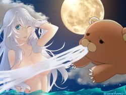 Rule 34 | 1girl, artemis (fate), bear, blue eyes, breasts, fate/grand order, fate (series), grey hair, lips, long hair, moon, navel, nude, one eye closed, open mouth, orion (bear) (fate), water