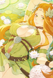 Rule 34 | 1girl, armlet, bracelet, breasts, closed mouth, dress, feather hair ornament, feathers, final fantasy, final fantasy xiv, flower, green dress, green eyes, hair ornament, highres, jewelry, large breasts, long hair, looking at viewer, lotus, lying, lyra-kotto, nophica, on back, orange hair, smile