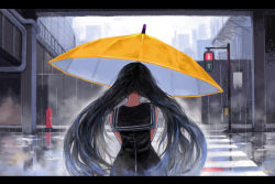 Rule 34 | 1girl, black hair, facing away, from behind, highres, kaneni, letterboxed, long hair, original, outdoors, rain, sailor collar, sleeveless, solo, traffic light, twintails, umbrella
