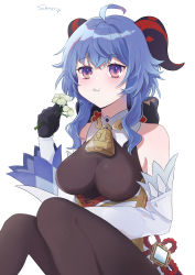 Rule 34 | 1girl, absurdres, ahoge, artist name, bare shoulders, bell, black gloves, black legwear, blue hair, blush, bow, breasts, chinese knot, detached sleeves, eating flower, female focus, flower, flower knot, ganyu (genshin impact), genshin impact, gloves, gold trim, highres, holding, holding flower, horns, knees up, long hair, looking at viewer, medium breasts, mochi-qiqi, multicolored eyes, neck bell, petals in mouth, qingxin flower, red rope, rope, sidelocks, signature, sitting, solo, vision (genshin impact), white flower, white sleeves