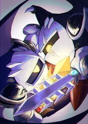 Rule 34 | 2boys, absurdres, cape, cola cola00, commentary request, dark meta knight, eye contact, glowing, glowing sword, glowing weapon, highres, holding, holding sword, holding weapon, kirby (series), looking at another, male focus, mask, meta knight, multiple boys, nintendo, red footwear, sword, weapon, wings, yellow eyes