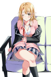 Rule 34 | 1girl, absurdres, arm across waist, black jacket, black socks, blazer, blonde hair, blush, breasts, cardigan, cleavage, collared shirt, couch, crossed legs, dress shirt, grey skirt, highres, isshiki iroha, jacket, kneehighs, long hair, long sleeves, looking at viewer, medium breasts, miniskirt, nonbire, off shoulder, one eye closed, open clothes, open jacket, open shirt, parted bangs, pink cardigan, pleated skirt, red ribbon, ribbon, school uniform, shirt, sitting, skirt, sleeves past wrists, socks, solo, white shirt, yahari ore no seishun lovecome wa machigatteiru., yellow eyes