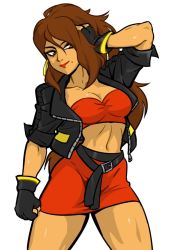 Rule 34 | 1girl, bandeau, streets of rage, streets of rage 4, bare knuckle iv, belt, black gloves, black jacket, blaze fielding, breasts, brown eyes, brown hair, centinel303, cleavage, clenched hand, collarbone, earrings, fingerless gloves, gloves, hand in own hair, hoop earrings, jacket, jewelry, leather, leather jacket, lipstick, long hair, loose belt, makeup, mole, mole under mouth, red skirt, sega, skirt, sleeves pushed up, solo, thick thighs, thighs, toned