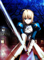 Rule 34 | 1girl, ahoge, armor, armored dress, artoria pendragon (fate), blonde hair, castle, dress, excalibur (fate/stay night), fate/zero, fate (series), green eyes, hair ribbon, invisible air (fate), official art, ribbon, saber (fate), solo, sword, weapon