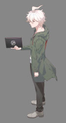 Rule 34 | 1boy, ahoge, arm at side, black background, black pants, book, danganronpa (series), danganronpa 2: goodbye despair, expressionless, from side, full body, green jacket, hair between eyes, highres, holding, holding book, hood, hood down, hooded jacket, jacket, komaeda nagito, long sleeves, male focus, meipoi, pants, shirt, shoes, short hair, simple background, solo, torn clothes, torn jacket, white hair, white shirt