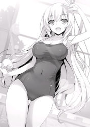 Rule 34 | 1girl, armpits, arms up, breasts, greyscale, highres, ichinose honami (youjitsu), large breasts, long hair, looking at viewer, monochrome, one-piece swimsuit, open mouth, school swimsuit, smile, solo, swimsuit, thigh gap, tomose shunsaku, youkoso jitsuryoku shijou shugi no kyoshitsu, youkoso jitsuryoku shijou shugi no kyoushitsu e