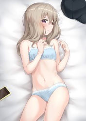 Rule 34 | absurdres, bed, blue bra, blue panties, blush, bra, breasts, cellphone, character request, closed mouth, hat, highres, indoors, looking at viewer, medium breasts, nedia (nedia region), panties, phone, purple eyes, shy, small breasts, tagme, underwear, white background