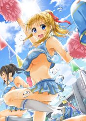 Rule 34 | 3girls, :d, ^ ^, arm up, bare arms, bare shoulders, black hair, blonde hair, blue eyes, blue footwear, blue shirt, blue skirt, blue sky, blurry, blush, breasts, building, cheering, cheerleader, clock, closed eyes, cloud, cowboy shot, crop top, crop top overhang, day, depth of field, diffraction spikes, flag, floating hair, from below, hair ribbon, hand up, high ponytail, highres, holding, kneehighs, kuria (clear trip second), large breasts, leg up, lens flare, long hair, looking at viewer, looking down, midriff, moe2017, multicolored clothes, multicolored skirt, multiple girls, navel, no bra, open mouth, original, out of frame, outdoors, pleated skirt, pom pom (cheerleading), red ribbon, ribbon, school, shirt, shoes, sidelocks, skirt, sky, sleeveless, sleeveless shirt, smile, sneakers, socks, solo focus, sparkle, sun, sunlight, sweat, underboob, very sweaty, white legwear, wind, window