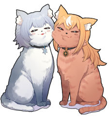 Rule 34 | :3, :p, animal focus, animalization, blonde hair, cat, cheek-to-cheek, closed eyes, collar, heads together, highres, hololive, long hair, mikan (chipstar182), no humans, shiranui flare, shirogane noel, simple background, smile, tongue, tongue out, virtual youtuber, white background