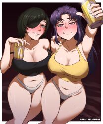 Rule 34 | 2girls, absurdres, alternate breast size, arm up, bare legs, bare shoulders, beer can, black hair, black shirt, black tank top, blush, breasts, breasts squeezed together, can, chainsaw man, cleavage, crossover, drink can, drunk, eyepatch, female focus, green eyes, half-closed eyes, hand on another&#039;s shoulder, heart, highres, himeno (chainsaw man), holding, holding can, katsuragi misato, kristallion, large breasts, legs together, licking lips, long hair, looking at viewer, midriff, multiple girls, name tag, naughty face, navel, neon genesis evangelion, no bra, open mouth, panties, purple eyes, purple hair, seductive gaze, seductive smile, shiny skin, shirt, short hair, simple background, sitting, smile, steam, steaming body, sweat, tank top, teeth, thick thighs, thighs, thong, tongue, tongue out, trait connection, underwear, watermark, white panties, wide hips, yellow shirt, yellow tank top
