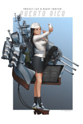 Rule 34 | 1girl, absurdres, black hair, black skirt, black socks, blazer, breasts, brown eyes, camouflage, cellphone, character name, commentary, cup, disposable cup, english commentary, full body, highres, holding, holding phone, id card, iphone 11 pro, jacket, large breasts, long sleeves, machinery, mecha musume, nail polish, original, outstretched arm, pencil skirt, personification, phone, puerto rico (ryan greythorn), radar, rudder footwear, ryan greythorn, selfie, skirt, smartphone, socks, solo, standing, turret, v, white headwear, white jacket, white nails, world of warships