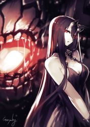Rule 34 | 10s, 1girl, abyssal ship, artist name, bare arms, bare shoulders, battleship princess, black dress, black hair, breasts, cleavage, colored skin, cowboy shot, dress, genyaky, glowing, glowing eyes, hair between eyes, horns, kantai collection, large breasts, long hair, looking at viewer, monster, open mouth, pale skin, red eyes, saliva, short dress, sidelocks, sideways glance, skin-covered horns, solo, teeth, v arms, very long hair, white skin