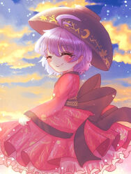 Rule 34 | 1girl, ahoge, black hat, bowl, bowl hat, closed eyes, closed mouth, cloud, commentary request, frilled kimono, frills, hat, japanese clothes, jarotan kolkol, kimono, light particles, long sleeves, outdoors, purple hair, red kimono, sash, short hair, smile, solo, sukuna shinmyoumaru, touhou, wide sleeves