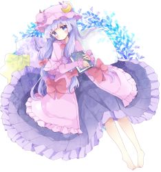 Rule 34 | 1girl, bad id, bad pixiv id, barefoot, blush, book, bow, capelet, closed mouth, commentary request, crescent, dress, hair bow, hat, highres, holding, holding book, long hair, long sleeves, looking at viewer, lying, mob cap, on back, patchouli knowledge, pillow, pink capelet, pink dress, pink hat, purple bow, purple dress, purple eyes, purple hair, red bow, revision, sleeves past wrists, solo, star-shaped pillow, star (symbol), touhou, tsukiyo (skymint), very long hair, white background